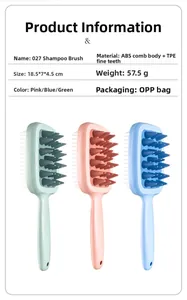 Detail view of rectangular silicone scalp brushes in pink, blue, and green with dimensions