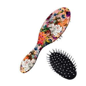 Retro floral print oval cushion hairbrush with ergonomic handle and massage bristles