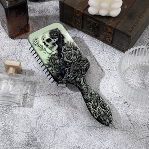 Gothic skull and rose print vintage hair brush with massaging air cushion base