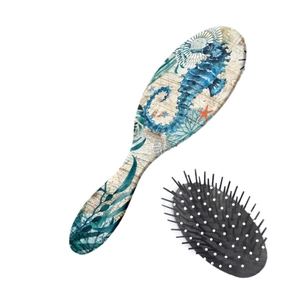 Nautical sea turtle and seahorse print air cushion hairbrush with retro map background
