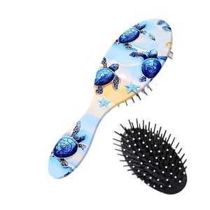 Blue sea turtle and starfish print oval air cushion hairbrush with black massage bristles