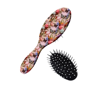 Spazzola per capelli ovale rosa con stampa 3D di fiori e farfalle per massaggi