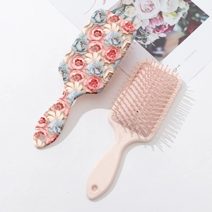 Brosse à cheveux plate à motif floral 3D avec picots massants roses pour lissage doux