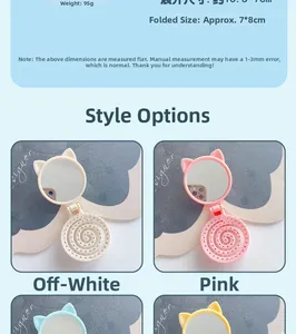 Detailed view of cat-ear folding hair comb with mirror and dimensions 18.3 x 7 cm