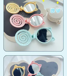 Foldable hair brush with mirror in pastel colors and cute cat ear design for hair styling