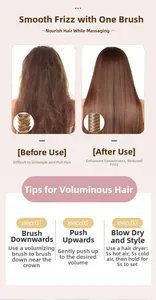 Guide de brosse à cheveux montrant l'effet lissant avant/après et le volume