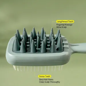 Dual-sided silicone scalp massager brush with long massage teeth and fine cleaning bristles