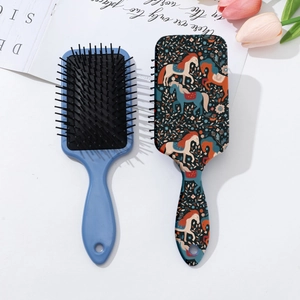 Floral horse pattern hair brush set with blue cushioned massage bristles and round handle