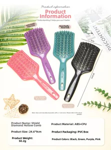 Detail view of vented curved hairbrush with dimensions 24.6x9cm and ergonomic handle