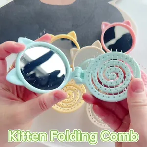 Portable Folding Hairbrush With Mirror Cute Cat Ear Design Macaron Color Massage Comb For Women Travel Hair Styling Tools