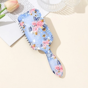 Floral print air cushion hairbrush with rose and butterfly patterns for detangling hair