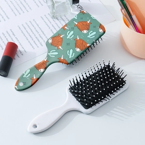 Western style cactus and highland cow print hairbrush set with air cushion design