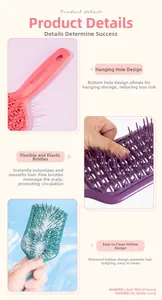 Close-up of curved vented massage brush featuring flexible pins and easy-clean hollow back