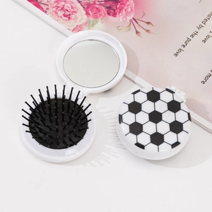 Brosse à cheveux de voyage pliable avec motif football et miroir de maquillage intégré