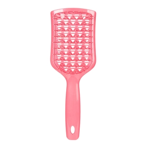 Pink hollow shield massage hairbrush with curved vented design for detangling and styling