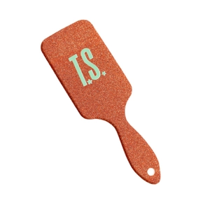 Sparkly orange air cushion hairbrush featuring T.S. mint green star graphic print