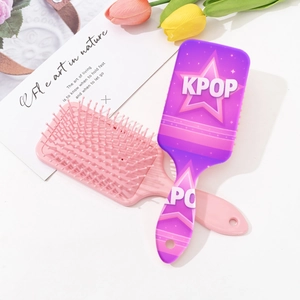 Pink KPOP print air cushion hairbrush with floral tulip decorations on white background