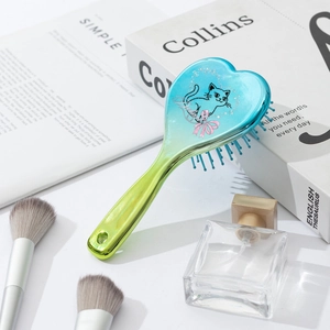 Brosse à cheveux cœur avec imprimé chat mignon et dégradé de couleur bleu-vert