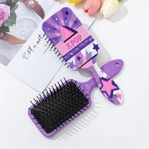 Purple KPOP air cushion hairbrush with stars pattern and massage ball-tip bristles
