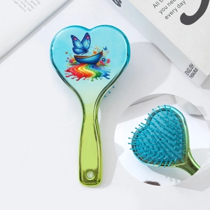 Heart Shaped Air Cushion Hair Brush Rainbow Butterfly Printed Detangling Massage Comb Gradient Electroplated For Kids