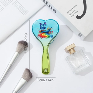 Rainbow butterfly heart-shaped paddle hair brush with measurements 15.8cm by 8cm