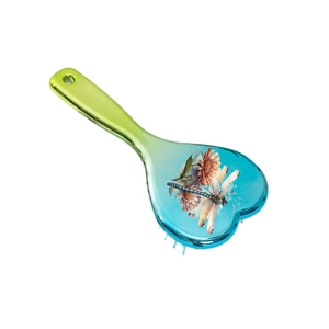 Heart shaped hair brush with dragonfly floral pattern and green blue gradient finish