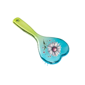 Brosse à cheveux cœur avec dégradé bleu-vert et motif floral de marguerites élégant