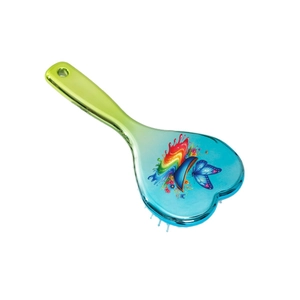 Green and blue gradient heart-shaped hairbrush with butterfly and rainbow floral print