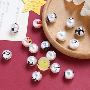 Halloween DIY beads with ghost and pumpkin prints on round imitation pearls for jewelry