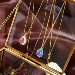 Retro teardrop zirconia pendant necklaces in pink and blue with elegant gold plating