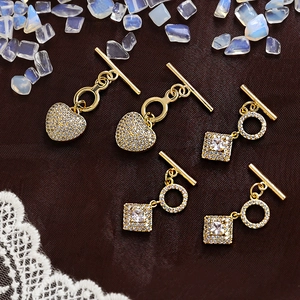 Gold plated heart and square OT toggles with micro-pave zircons for DIY jewelry making