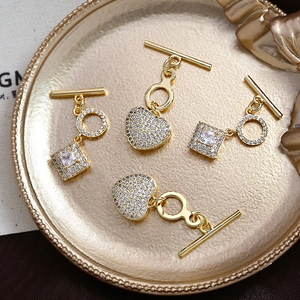 Gold plated toggle clasps with heart and square zircon charms for DIY jewelry making