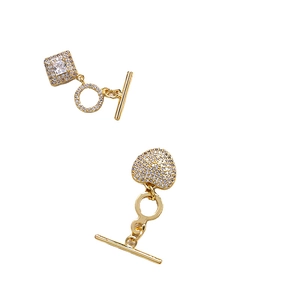 Gold-plated heart and rhombus OT toggles with micro-pave cubic zirconia for DIY jewelry