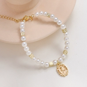 French retro pearl bracelet with gold-plated rose charm and smiley face beads