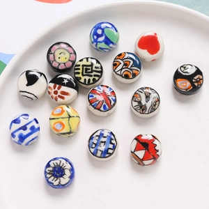Japanese style hand-painted ceramic round beads with colorful floral and heart patterns