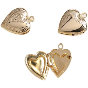 Gold plated vintage heart locket pendant with floral engraving shown in three views