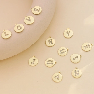 Gold plated alphabet charms with cubic zirconia inlay for DIY jewelry necklaces