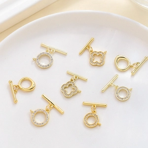 Gold plated copper OT toggle clasps with zircon clover designs for DIY jewelry making
