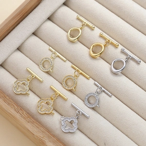 18K gold and silver plated OT toggle clasps with zircon clover for DIY jewelry making