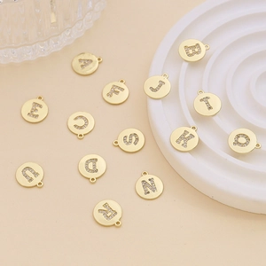 Gold-plated round alphabet charms with inlaid zircon for DIY jewelry necklaces