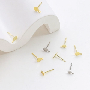 Flat gold-plated ear stud components with loop for DIY jewelry making accessories
