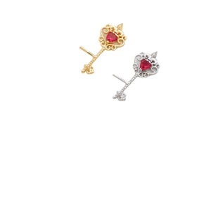 Baroque hollow key earrings with heart-shaped red gems in gold and silver plating