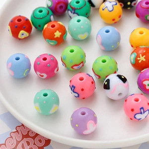 Acrylic Printed Round Loose Beads Heart Star Smiley Face Pattern For DIY Bracelet Necklace Jewelry Making Handmade Crafts