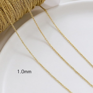Close-up of 1.0mm 18k gold plated flat O-chain links for DIY jewelry making projects