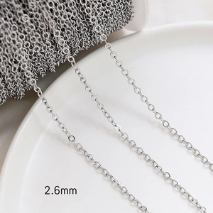 Detail of 2.6mm silver chain link showing polished metallic texture and dense structure