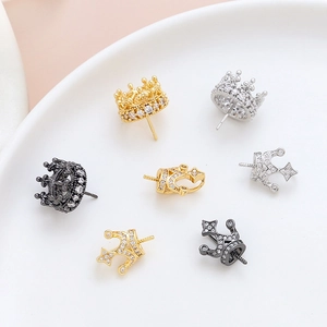 DIY gold-plated crown earring accessories with cubic zirconia for jewelry making