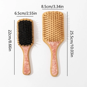 Bamboo hair brushes with air cushion and pink marble resin inlay in two sizes