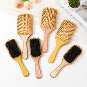 Bamboo hairbrush set with marble resin handles and natural bristles for scalp massage