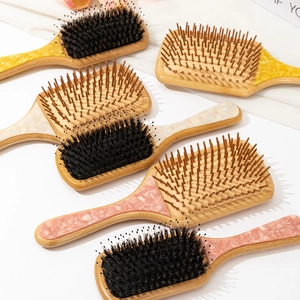 Natural bamboo massage hairbrush with acetate inlay and soft cushion bristles