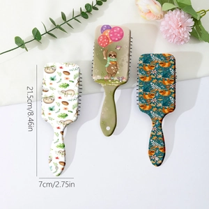 Three-piece sloth print cushion hairbrushes set for scalp massage and hair detangling